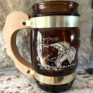 South Dakota Siesta Ware Mount Rushmore Buffalo Brown Glass Mug Wood Handle Vtg